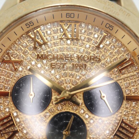 Michael Kors Layton Glitz Gold Black Chronograph 44mm Watch Blue Leather Strap - Picture 7 of 15